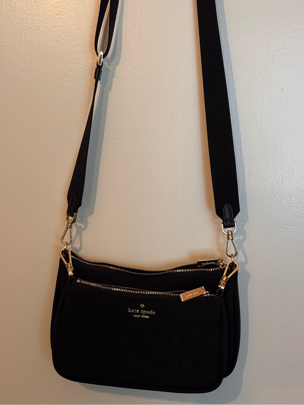 Kate Spade Black Quilted Double Crossbody Bag with Gold Hardware